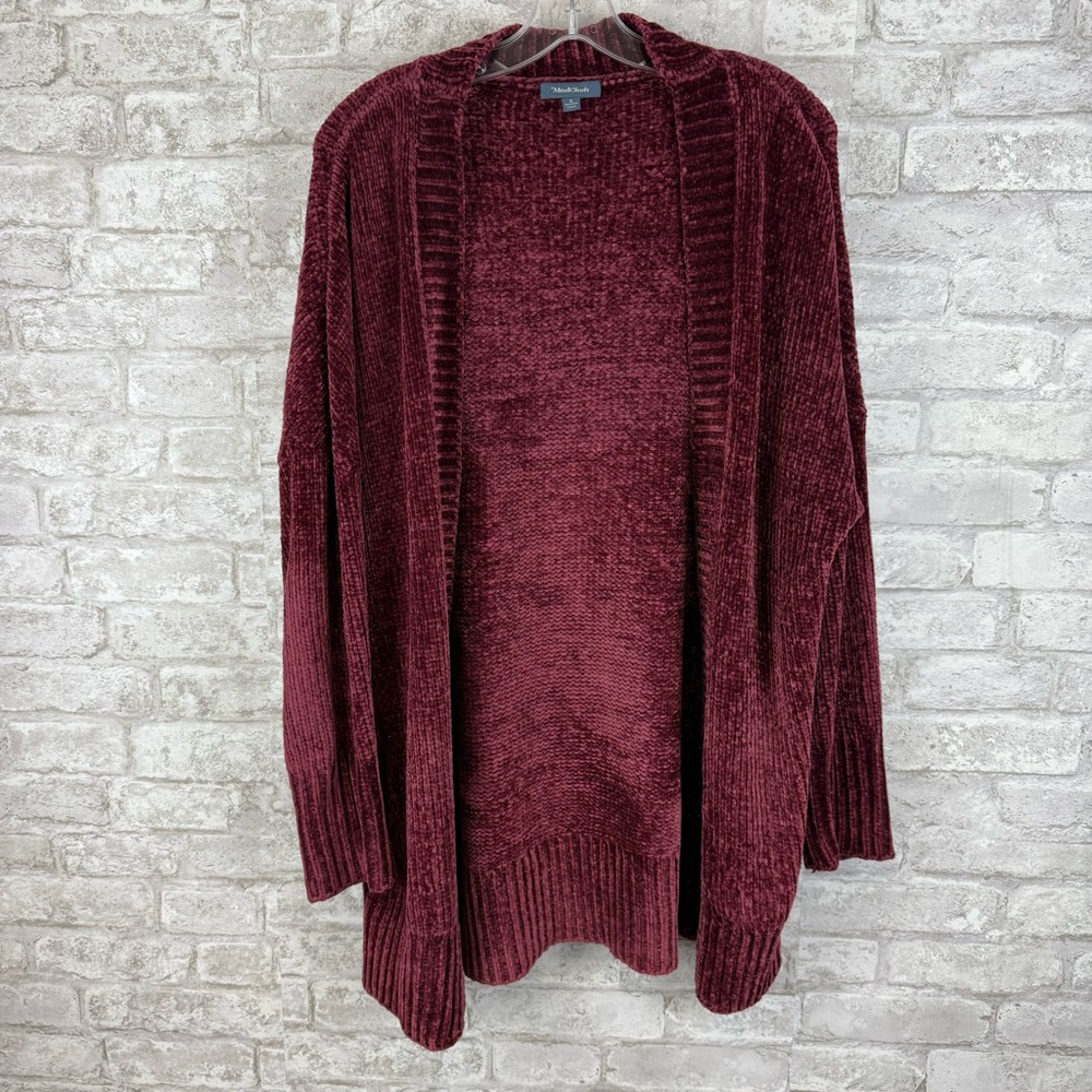 Modcloth Chenille‎ Open Front Cardigan Knit Small Burgundy Soft Retro Women’s